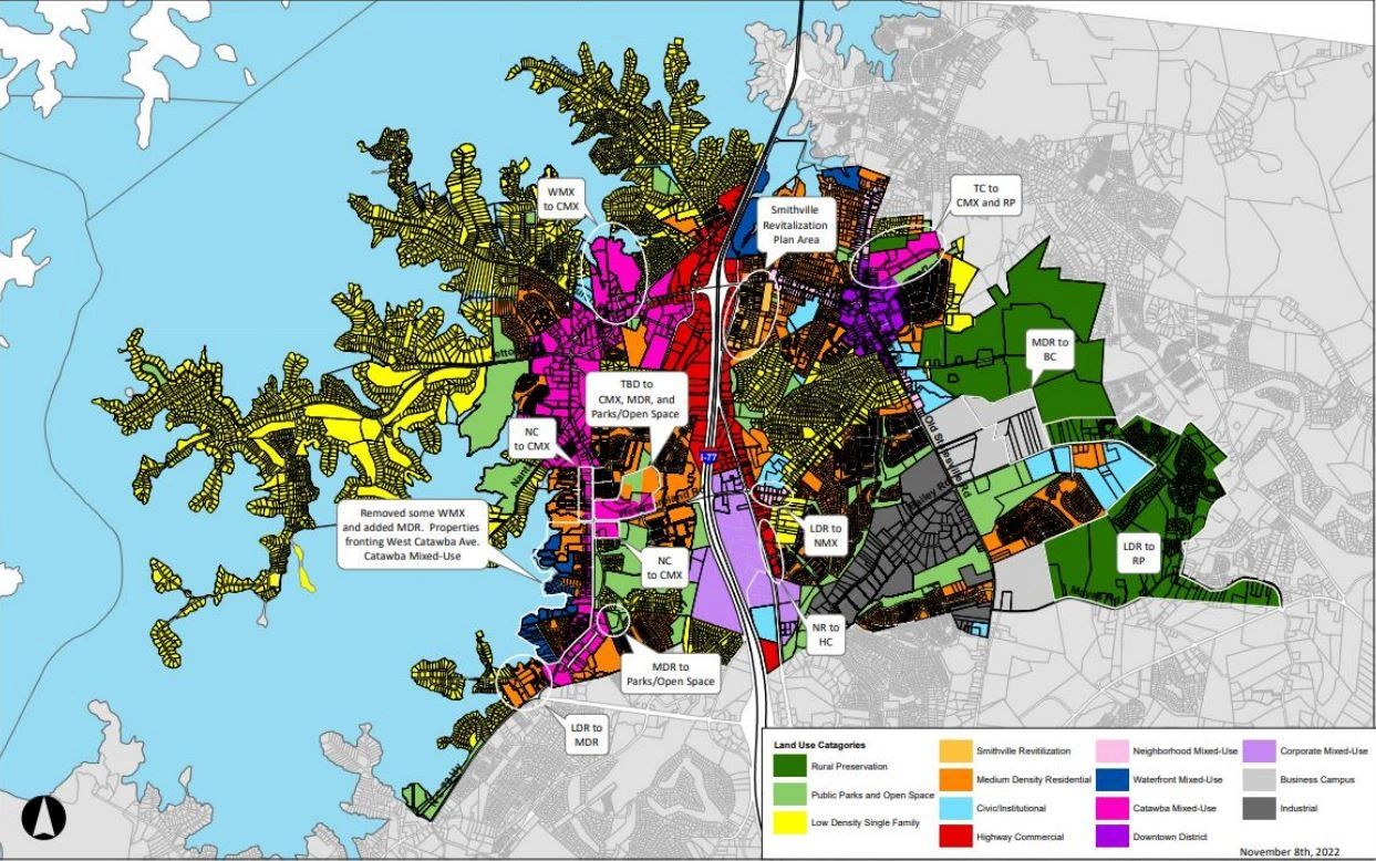 Cornelius Land Use Plan map showing zoning categories including Catawba Mixed-Use, Medium Density Residential, Corporate Mixed-Use, and more — November 8th, 2022